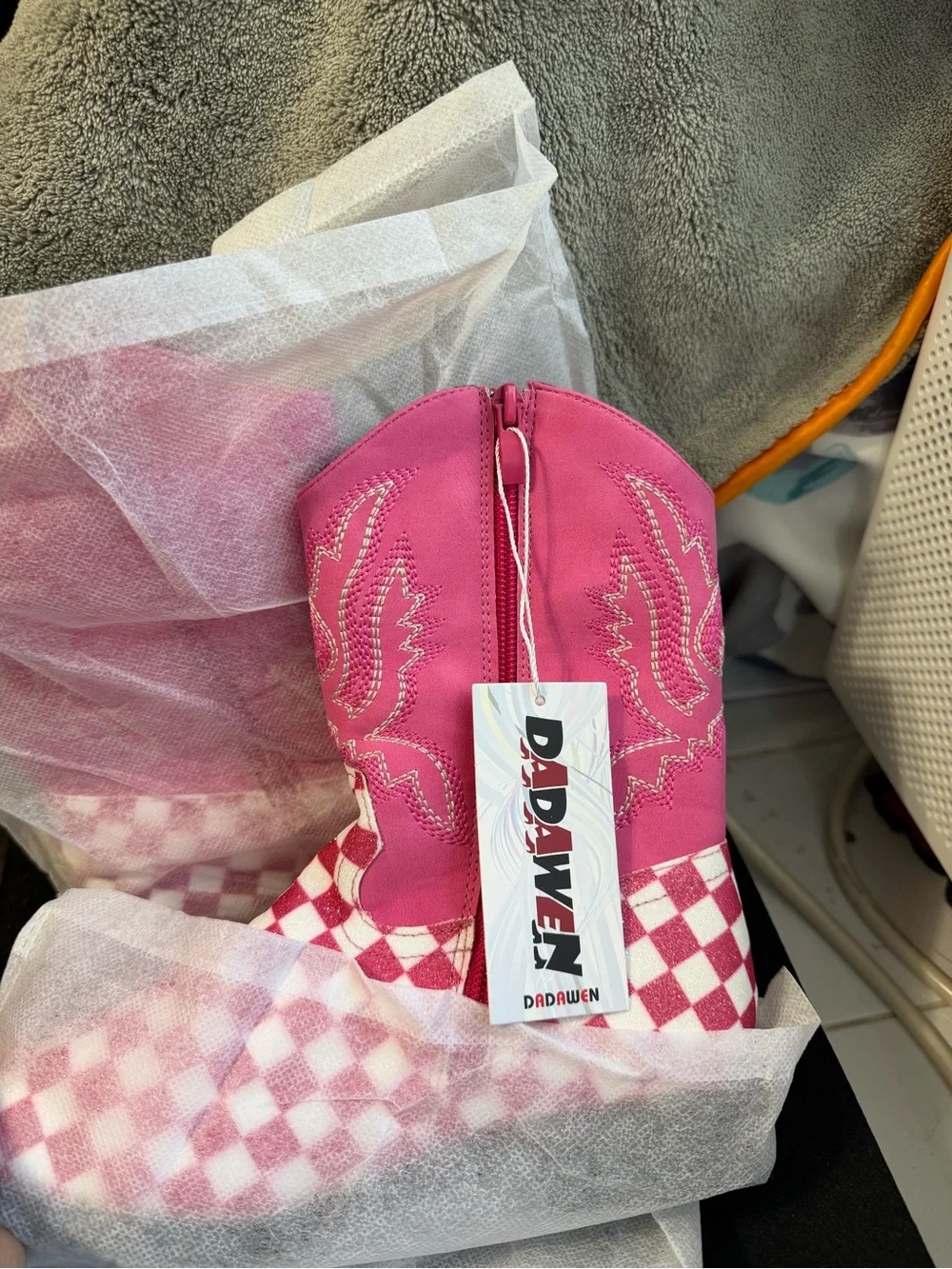 Kids Pink Checkered Cowboy Boots
